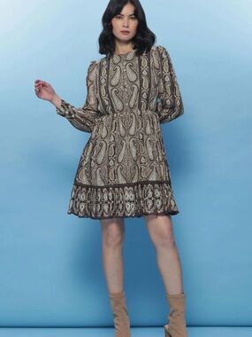 Label Ritu Kumar Brown Embroidered Paisley Tiered Mini Shirt Dress XS - New NWT